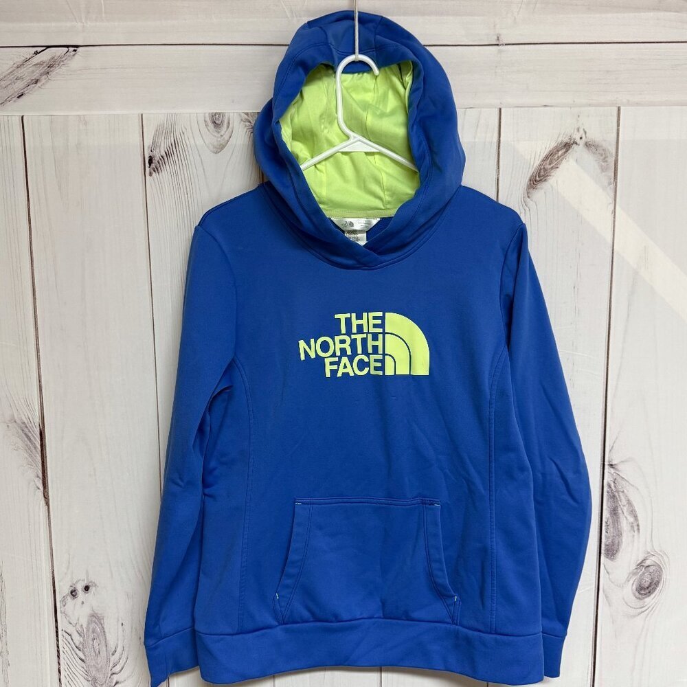 The North‎ Face Logo Hoodie Women’s Large Blue/Lime Soft Fleece EUC